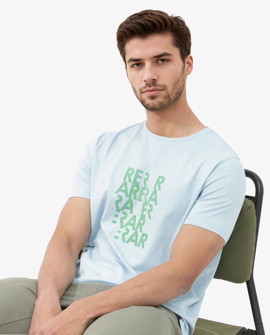 Rare Rabbit Men's Akro Light Blue Cotton Blend Graphic Print Regular Fit Half Sleeve Crew Neck T-Shirt
