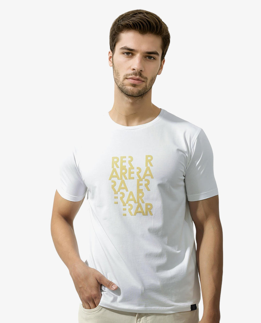 Rare Rabbit Men's Akro White Cotton Blend Graphic Print Regular Fit Half Sleeve Crew Neck T-Shirt