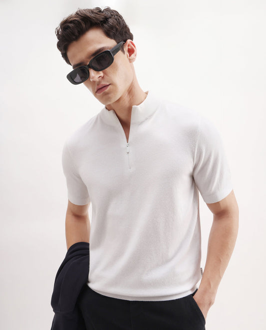 Rare Rabbit Men's Alfeto-25 Off White Viscose Plain Regular Fit Half Sleeve High Neck Polo