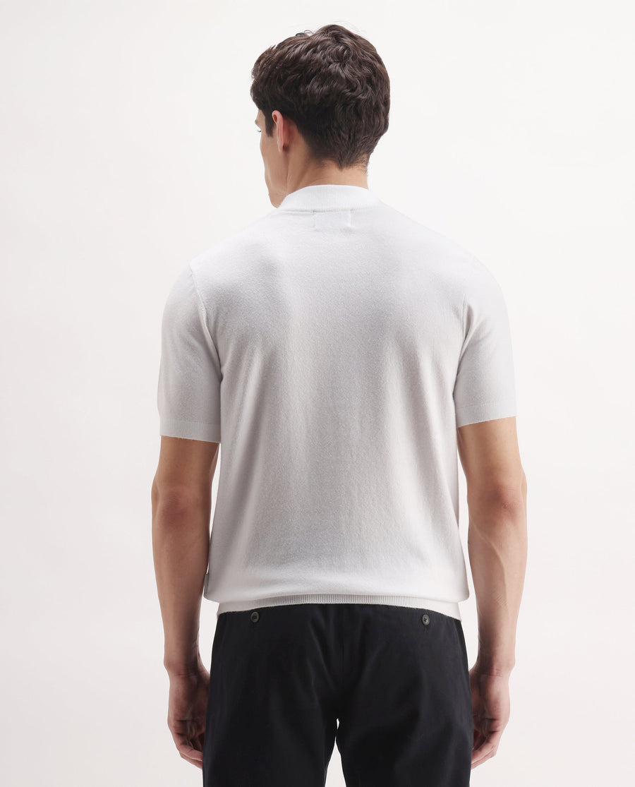 Rare Rabbit Men's Alfeto-25 Off White Viscose Plain Regular Fit Half Sleeve High Neck Polo