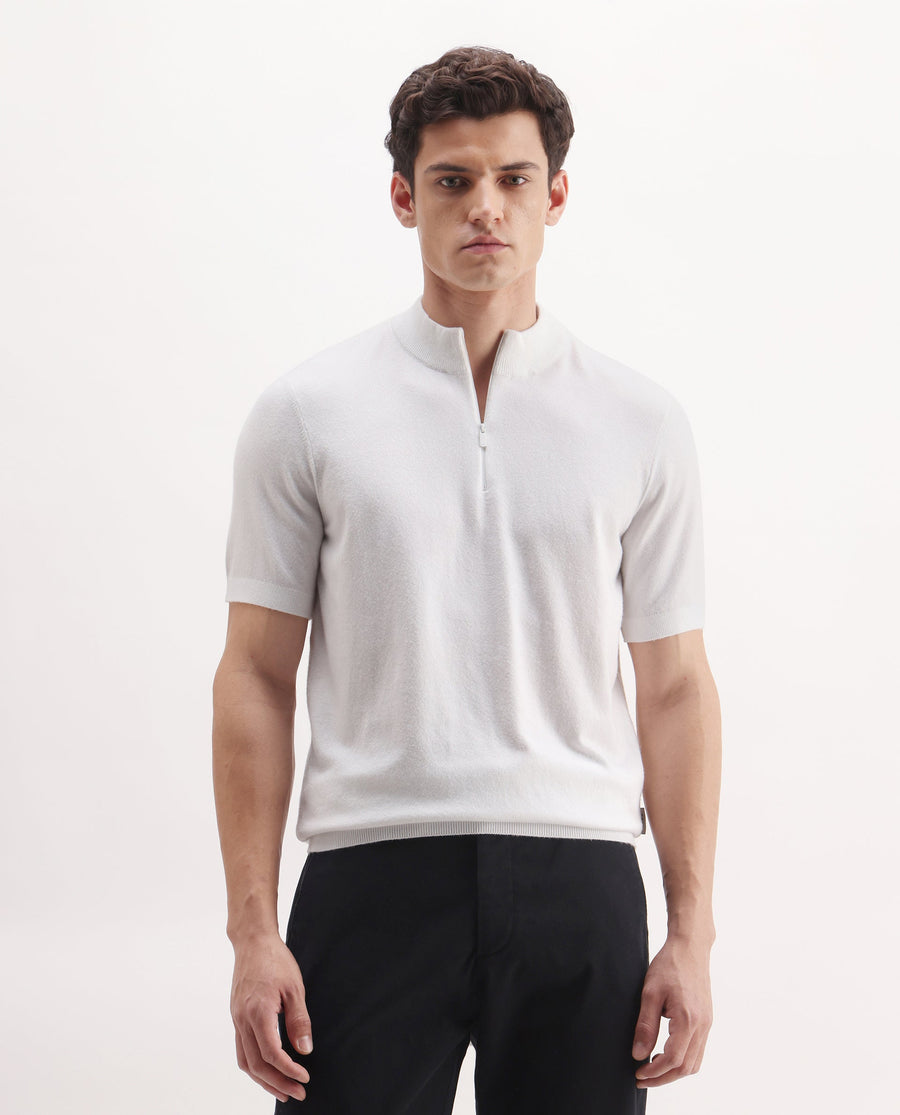 Rare Rabbit Men's Alfeto-25 Off White Viscose Plain Regular Fit Half Sleeve High Neck Polo