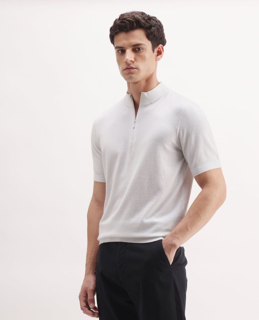Rare Rabbit Men's Alfeto-25 Off White Viscose Plain Regular Fit Half Sleeve High Neck Polo