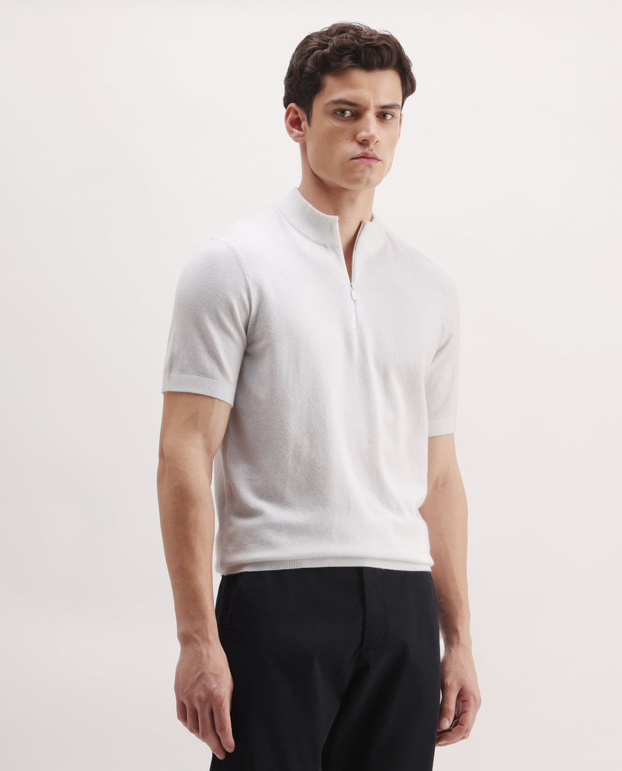 Rare Rabbit Men's Alfeto-25 Off White Viscose Plain Regular Fit Half Sleeve High Neck Polo