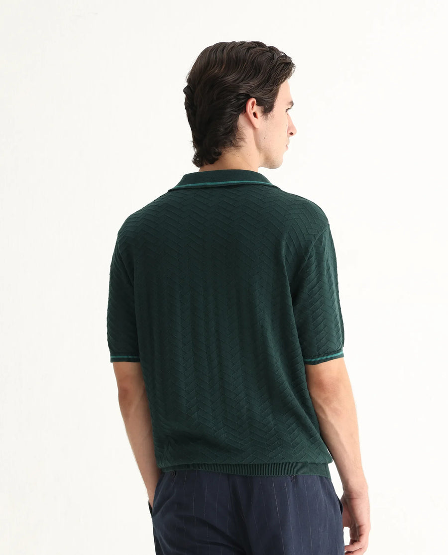 Rare Rabbit Men's Amet Dark Green Cotton Blend Textured Regular Fit Half Sleeve Polo