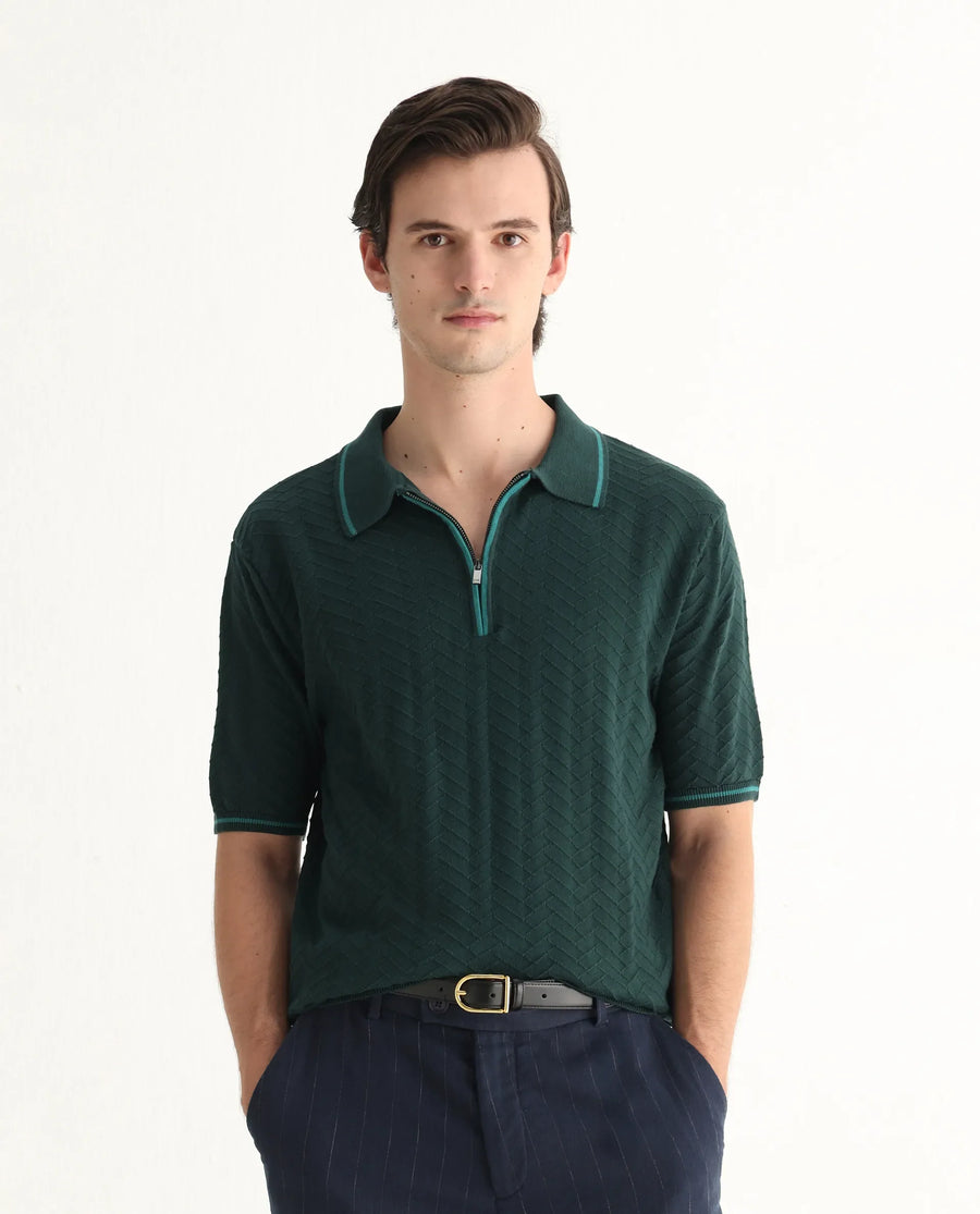 Rare Rabbit Men's Amet Dark Green Cotton Blend Textured Regular Fit Half Sleeve Polo
