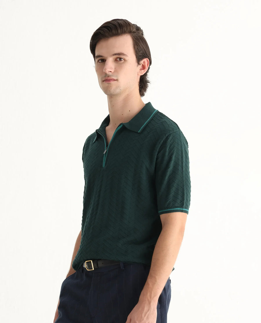 Rare Rabbit Men's Amet Dark Green Cotton Blend Textured Regular Fit Half Sleeve Polo
