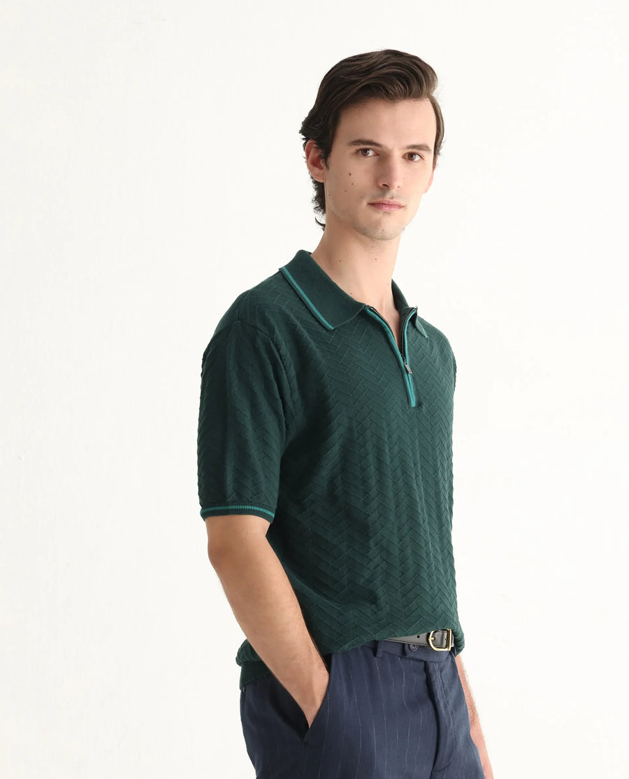 Rare Rabbit Men's Amet Dark Green Cotton Blend Textured Regular Fit Half Sleeve Polo