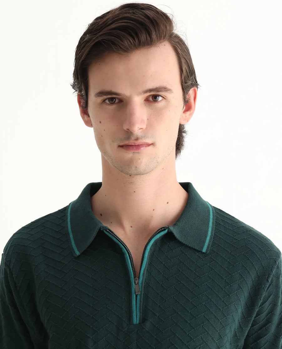 Rare Rabbit Men's Amet Dark Green Cotton Blend Textured Regular Fit Half Sleeve Polo