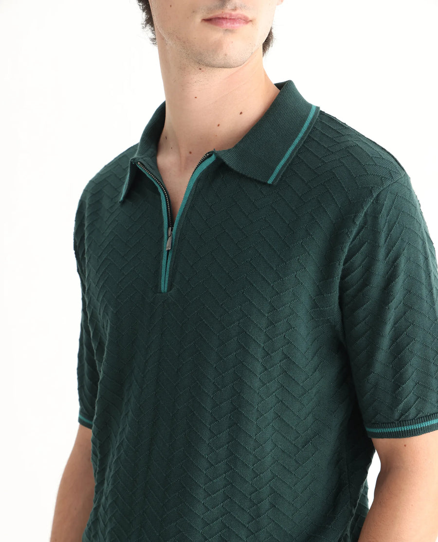 Rare Rabbit Men's Amet Dark Green Cotton Blend Textured Regular Fit Half Sleeve Polo