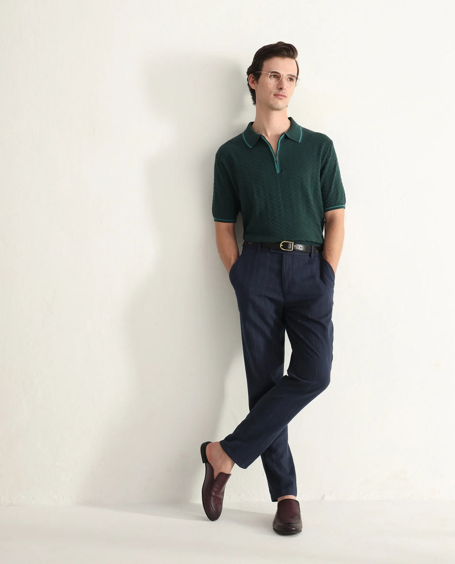 Rare Rabbit Men's Amet Dark Green Cotton Blend Textured Regular Fit Half Sleeve Polo