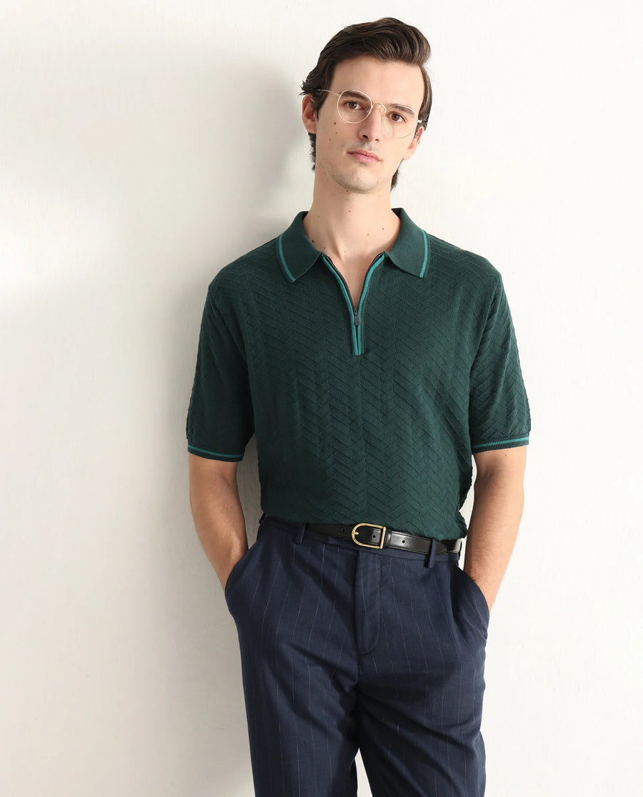 Rare Rabbit Men's Amet Dark Green Cotton Blend Textured Regular Fit Half Sleeve Polo