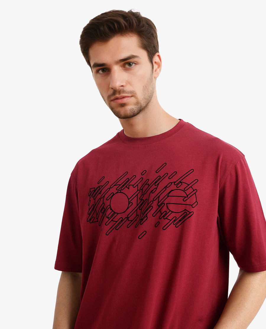 Rare Rabbit Men's Ammon Red Cotton Graphic Print Oversized Fit Half Sleeve Crew Neck T-Shirt