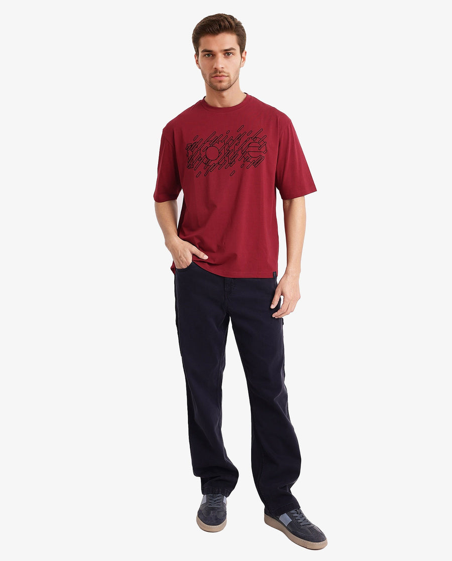 Rare Rabbit Men's Ammon Red Cotton Graphic Print Oversized Fit Half Sleeve Crew Neck T-Shirt