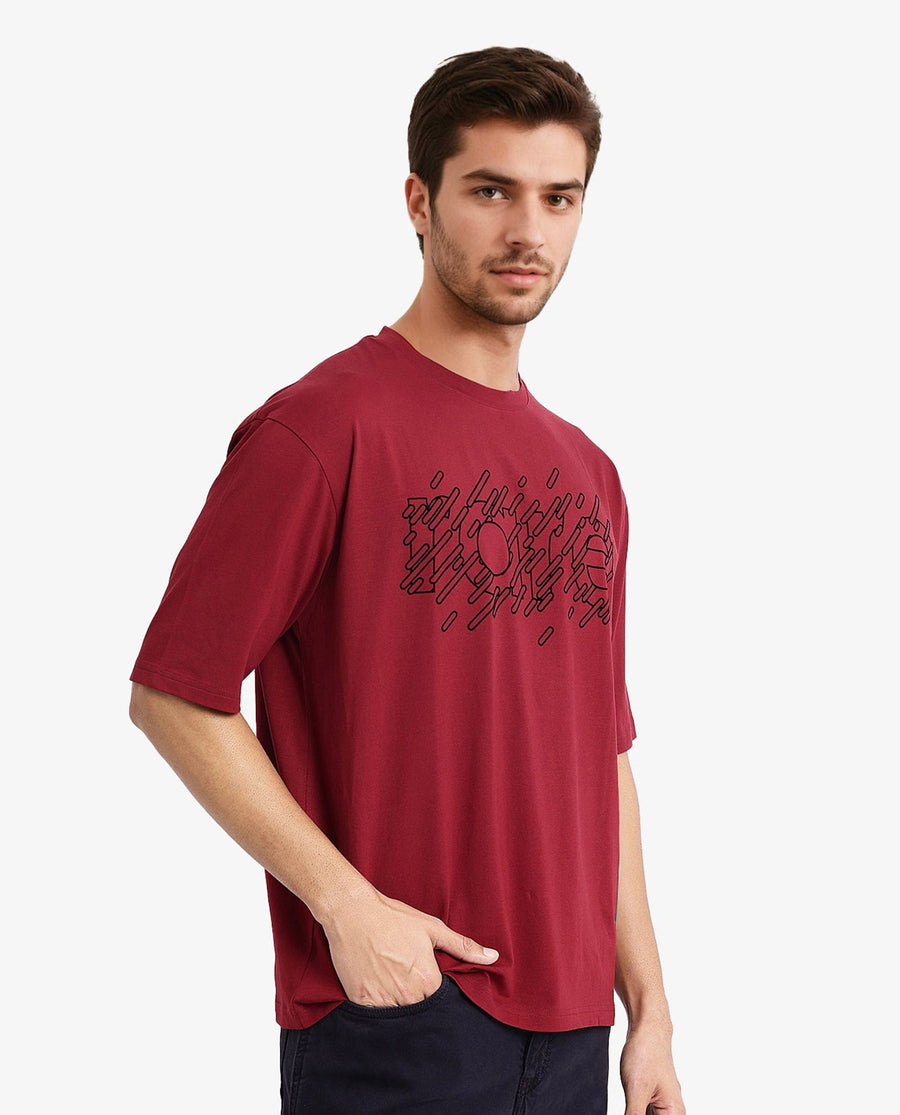 Rare Rabbit Men's Ammon Red Cotton Graphic Print Oversized Fit Half Sleeve Crew Neck T-Shirt