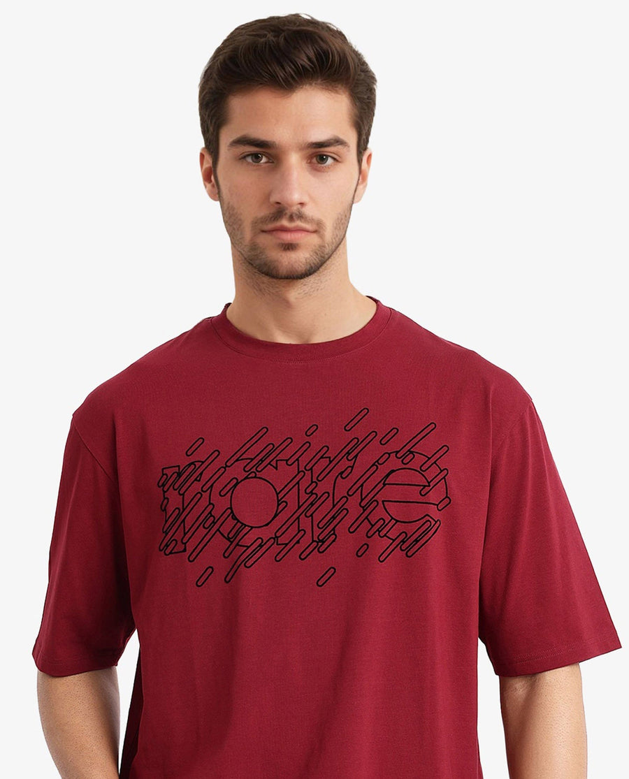 Rare Rabbit Men's Ammon Red Cotton Graphic Print Oversized Fit Half Sleeve Crew Neck T-Shirt