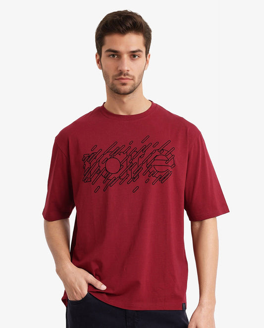 Rare Rabbit Men's Ammon Red Cotton Graphic Print Oversized Fit Half Sleeve Crew Neck T-Shirt