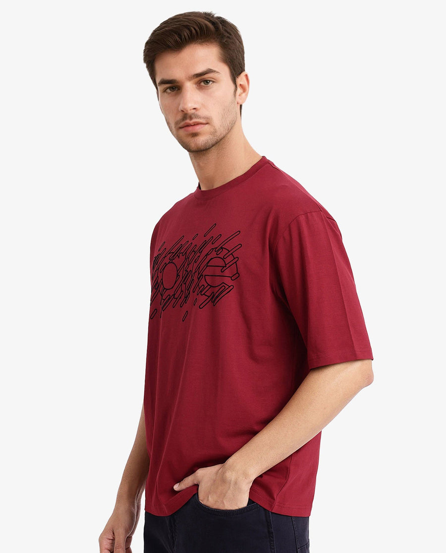 Rare Rabbit Men's Ammon Red Cotton Graphic Print Oversized Fit Half Sleeve Crew Neck T-Shirt