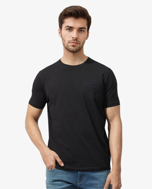 Rare Rabbit Men's Ammos Black Cotton Blend Plain Regular Fit Half Sleeve Crew Neck T-Shirt