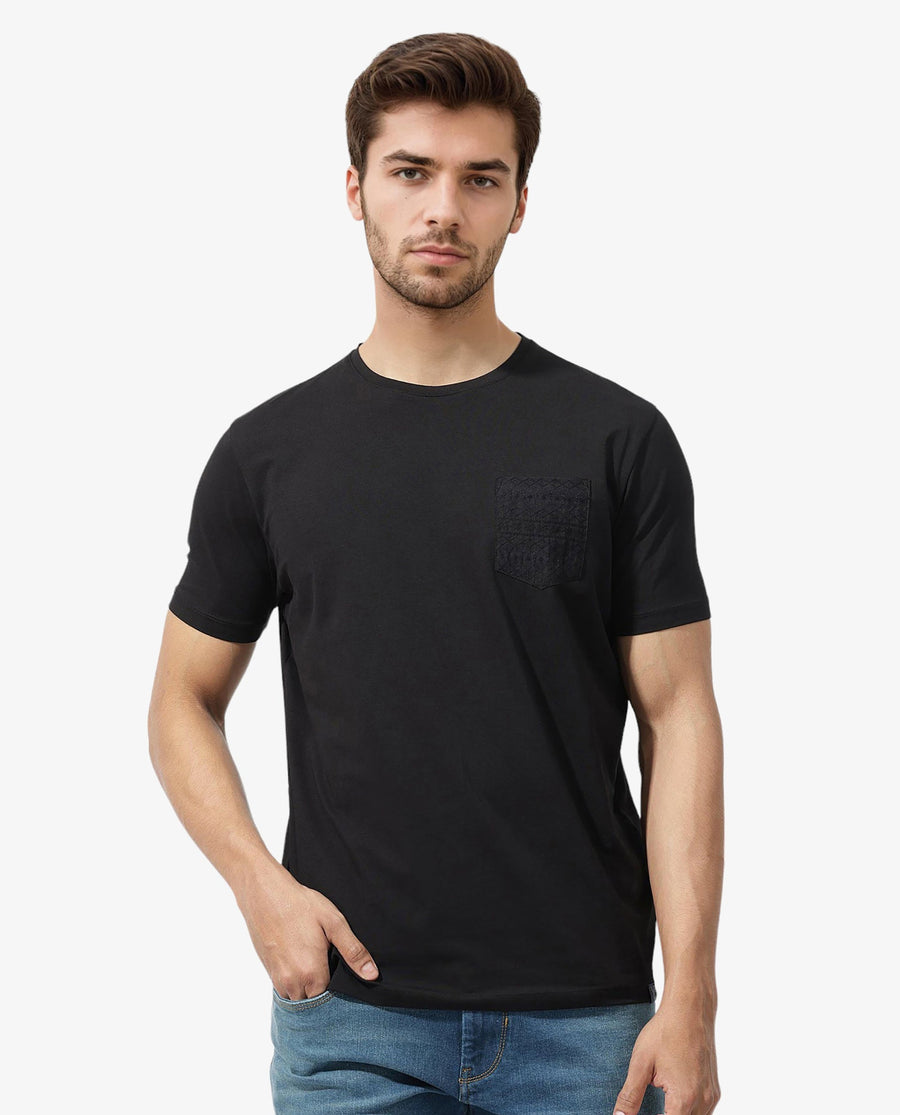 Rare Rabbit Men's Ammos Black Cotton Blend Plain Regular Fit Half Sleeve Crew Neck T-Shirt