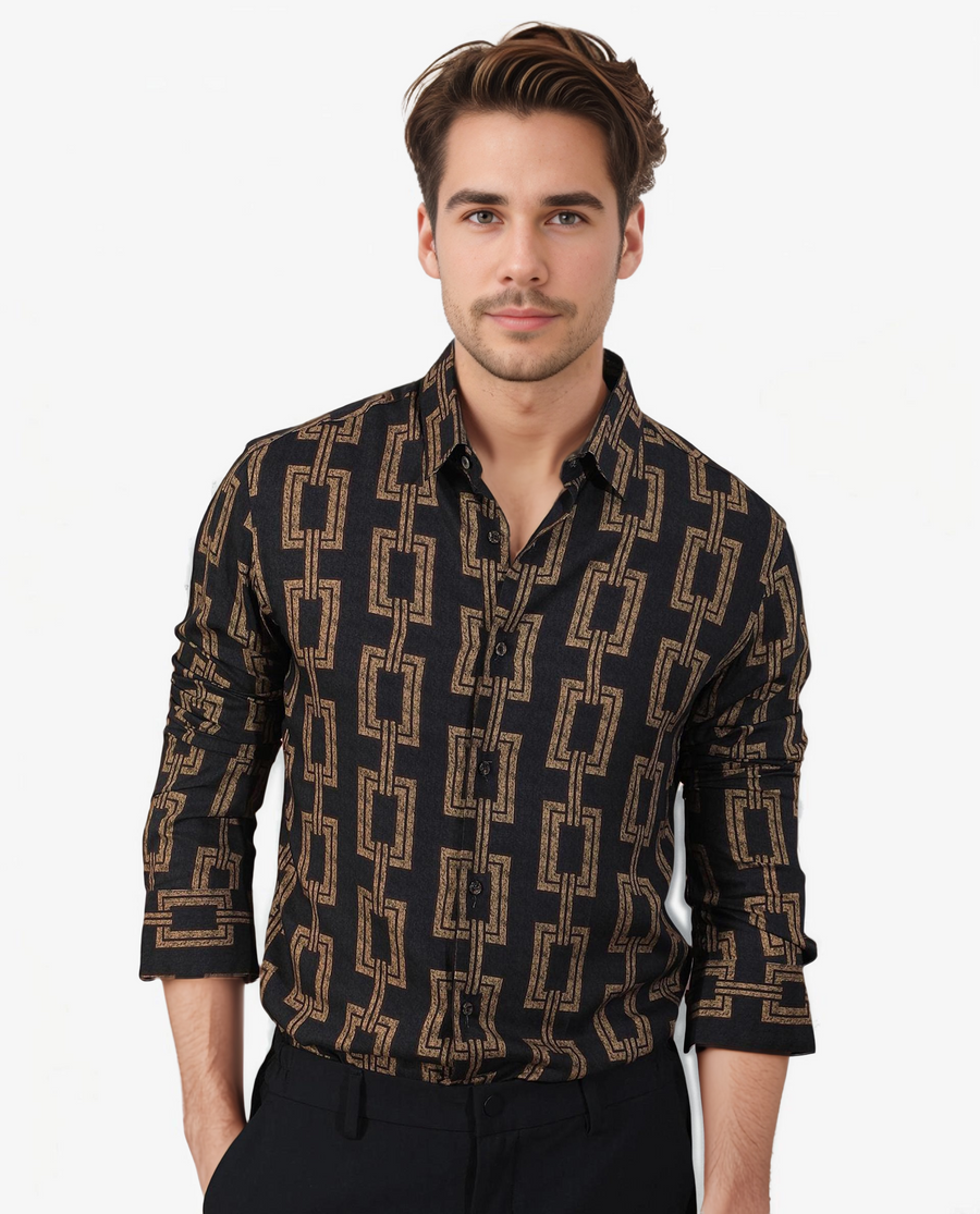 Rare Rabbit Men's Amster Grey Viscose Geometric Print Regular Fit Full Sleeve Collared Shirt