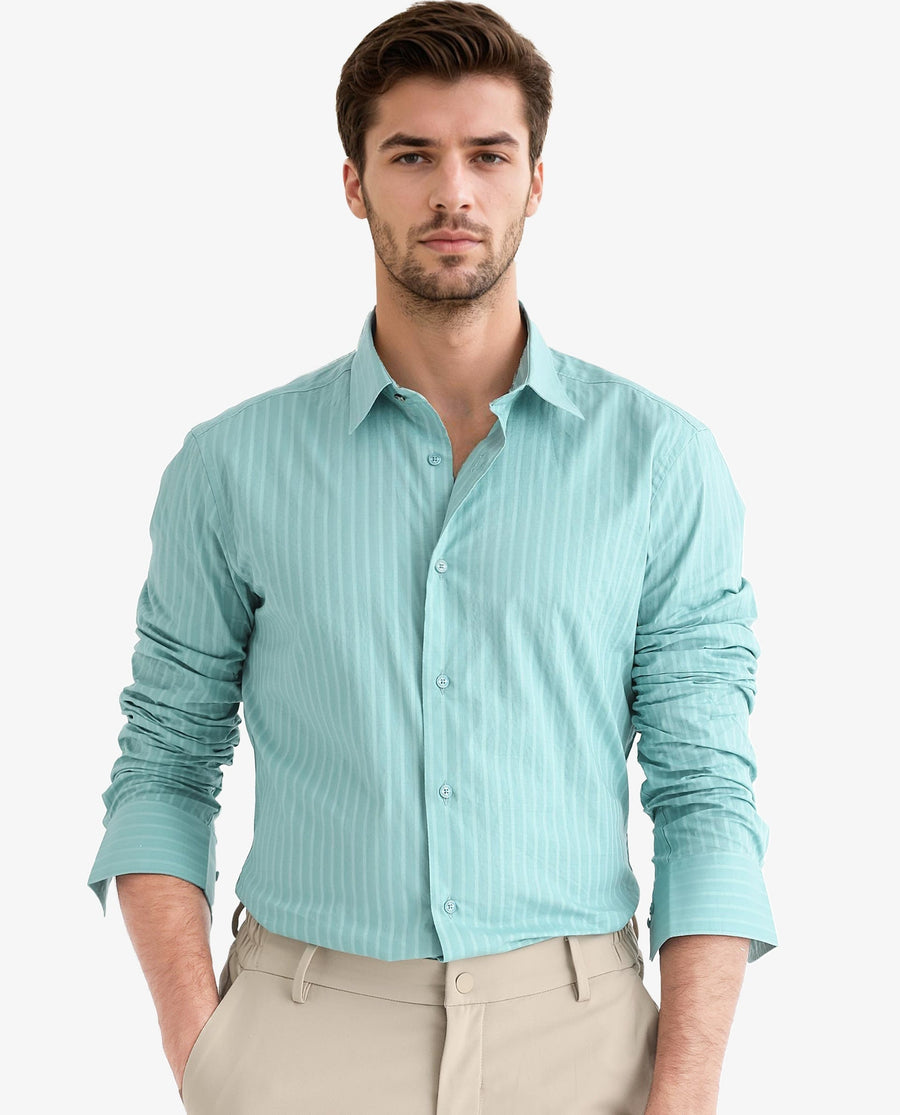 Rare Rabbit Men's Anemo Dusky Turq Cotton Striped Print Regular Fit Full Sleeve Collared Shirt