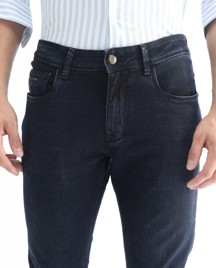Rare Rabbit Men's Anket Blue Cotton Plain Hawk Slim Fit Jeans