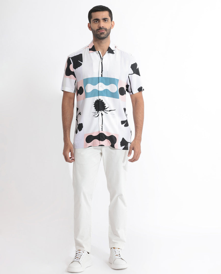 Rare Rabbit Men's Ansel Multi Viscose Abstract Print Regular Fit Half Sleeve Collared Shirt