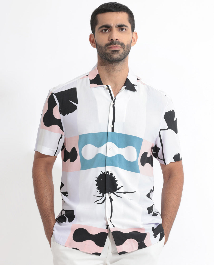 Rare Rabbit Men's Ansel Multi Viscose Abstract Print Regular Fit Half Sleeve Collared Shirt