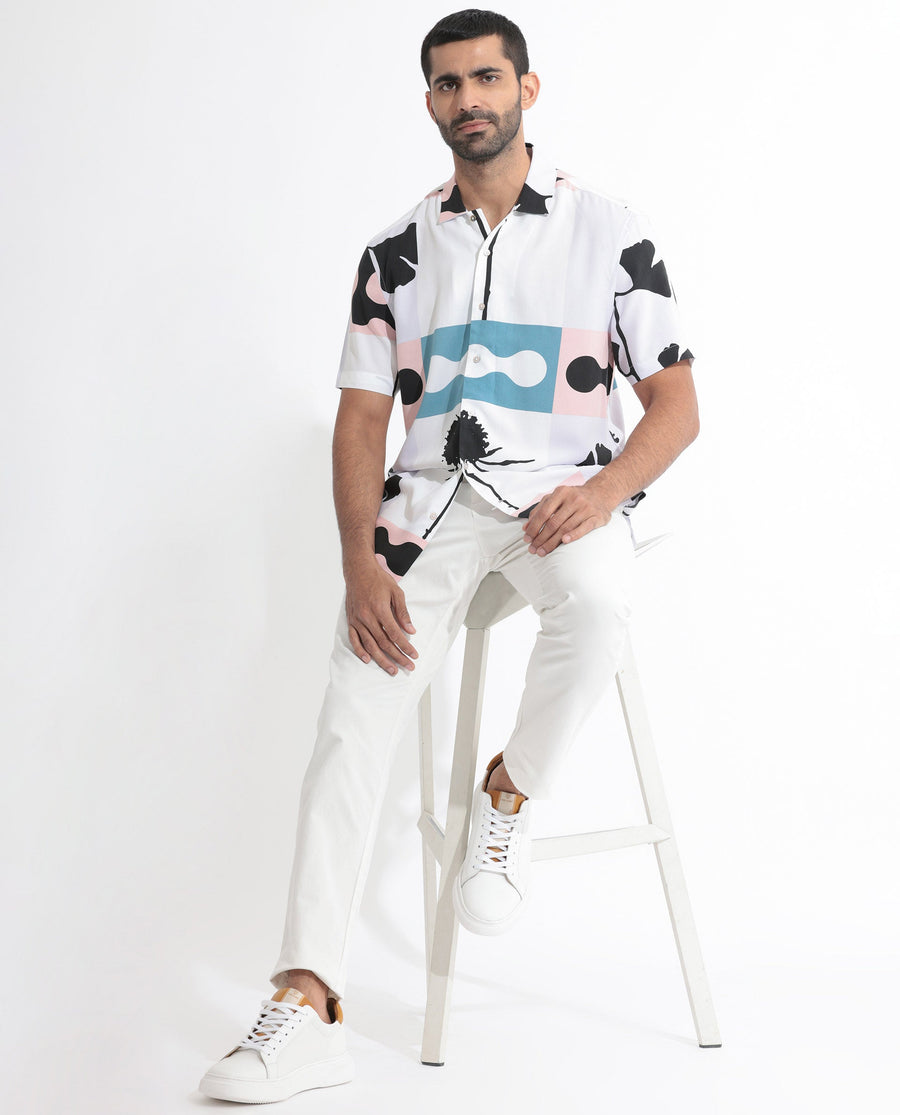 Rare Rabbit Men's Ansel Multi Viscose Abstract Print Regular Fit Half Sleeve Collared Shirt