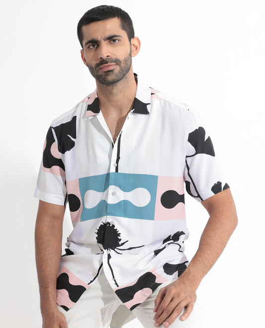 Rare Rabbit Men's Ansel Multi Viscose Abstract Print Regular Fit Half Sleeve Collared Shirt