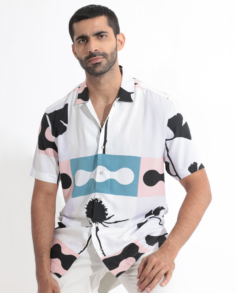 Rare Rabbit Men's Ansel Multi Viscose Abstract Print Regular Fit Half Sleeve Collared Shirt