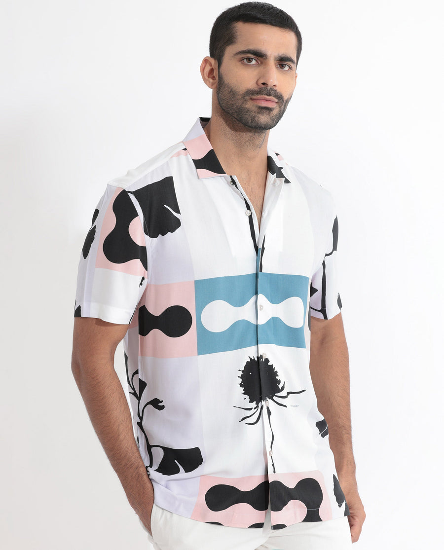Rare Rabbit Men's Ansel Multi Viscose Abstract Print Regular Fit Half Sleeve Collared Shirt