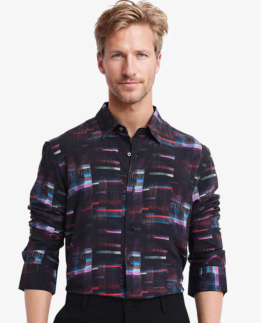 Rare Rabbit Men's Apon Black Viscose Abstract Print Regular Fit Full Sleeve Collared Shirt