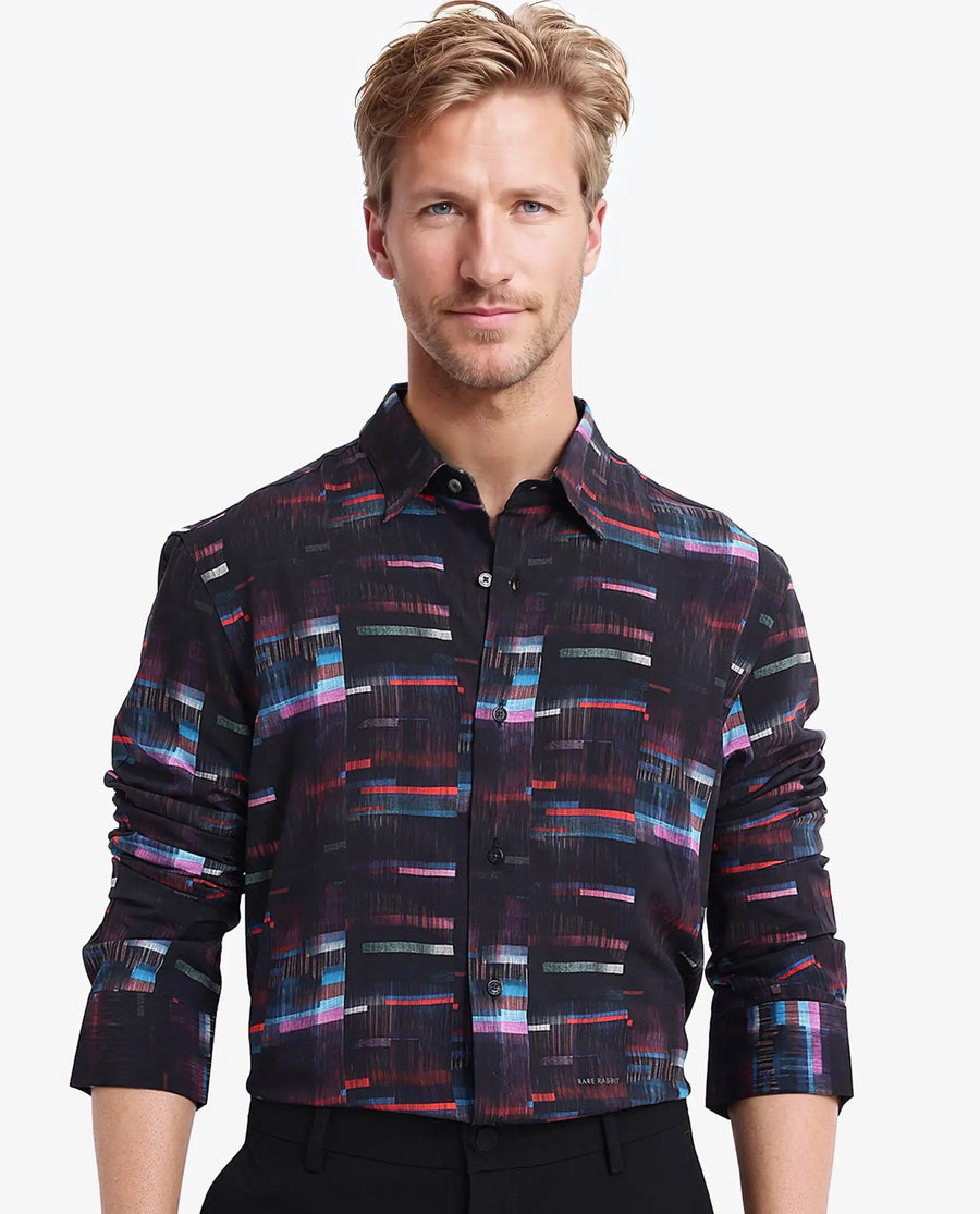 Rare Rabbit Men's Apon Black Viscose Abstract Print Regular Fit Full Sleeve Collared Shirt