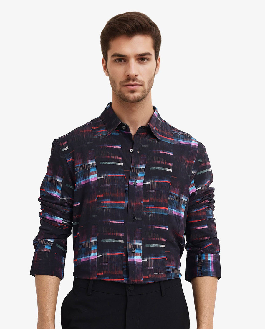 Rare Rabbit Men's Apon Black Viscose Abstract Print Regular Fit Full Sleeve Collared Shirt