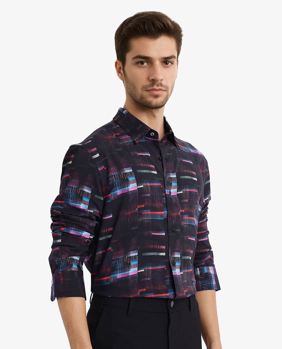 Rare Rabbit Men's Apon Black Viscose Abstract Print Regular Fit Full Sleeve Collared Shirt