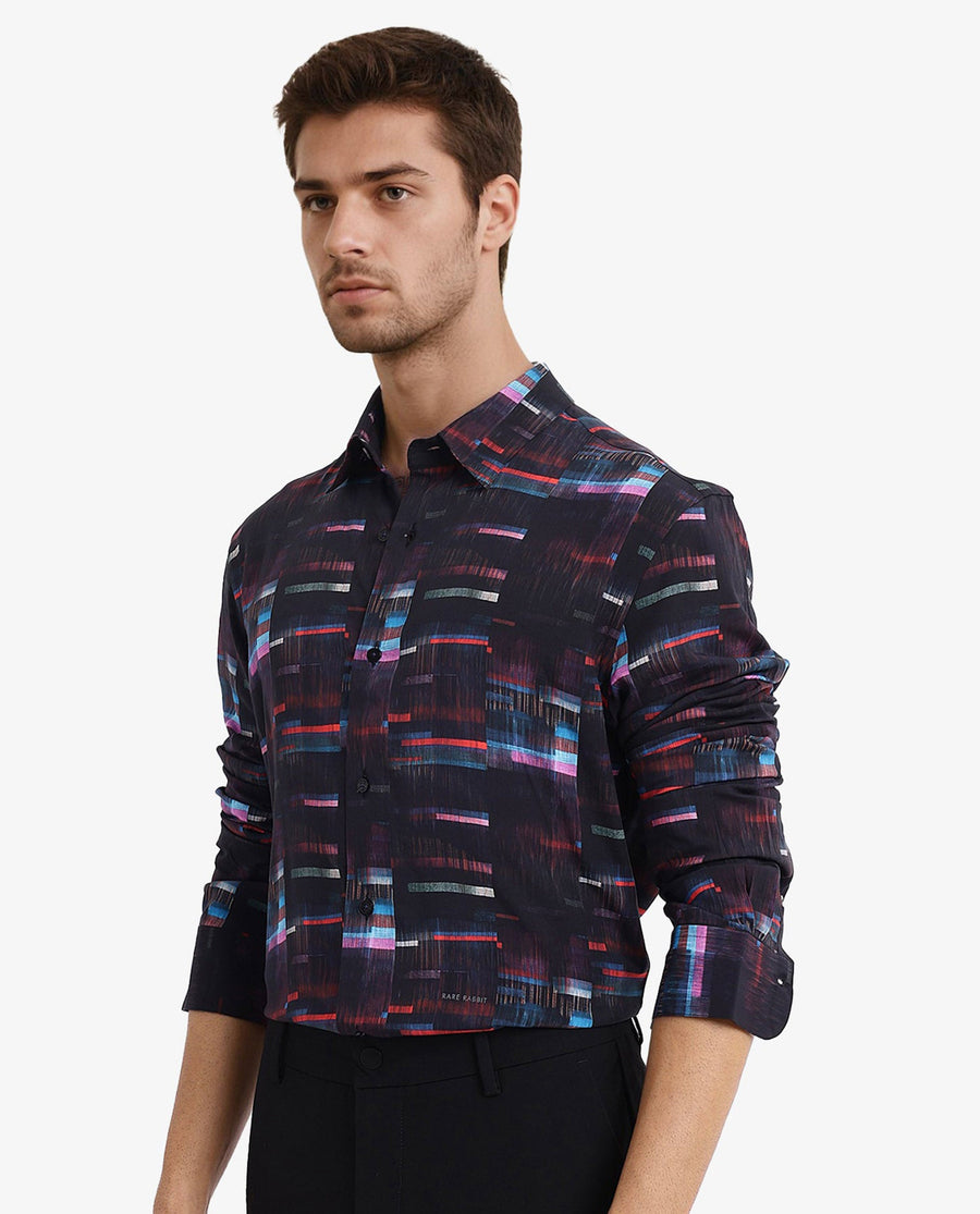 Rare Rabbit Men's Apon Black Viscose Abstract Print Regular Fit Full Sleeve Collared Shirt
