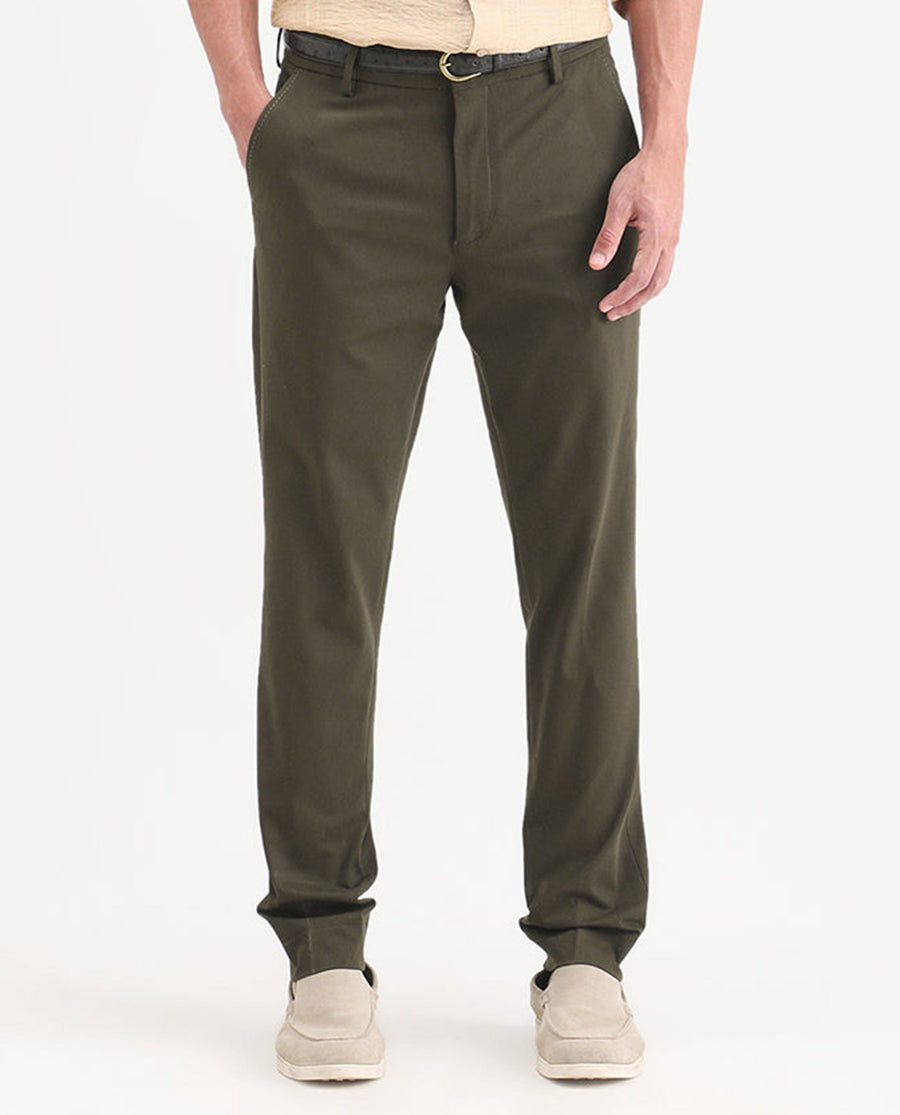 Rare Rabbit Men's Arcade-Ss26 Olive Polyester Blend Fabric Regular Fit Plain Trouser
