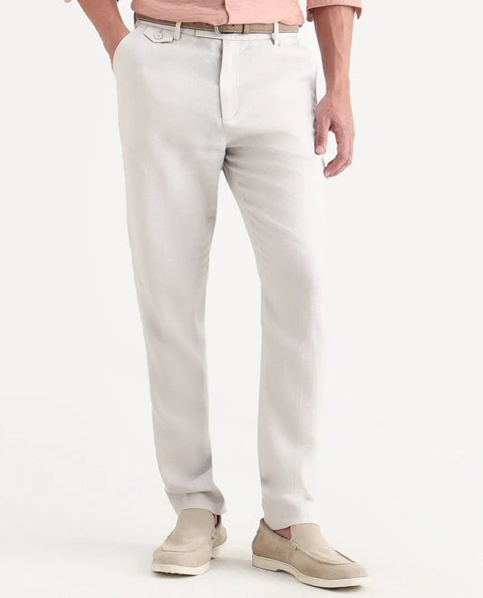 Rare Rabbit Men's Arcelo-Ss26 Off White 100% Linen Fabric Regular Fit Plain Trouser
