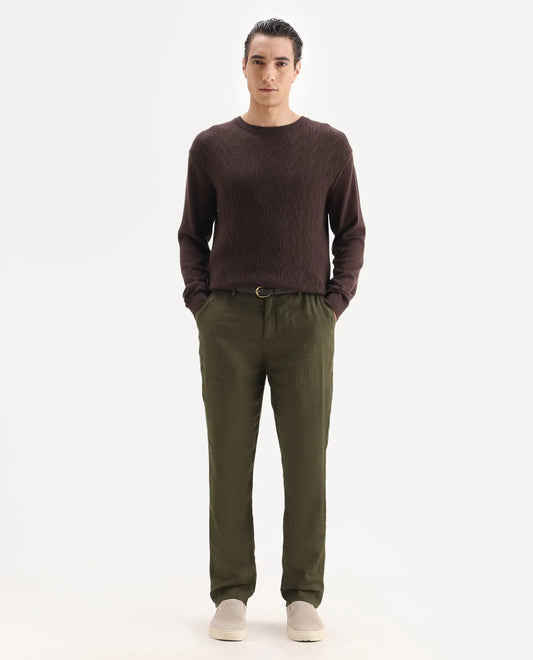 Rare Rabbit Men's Arcelo Olive 100% Linen Plain Regular Fit Trouser