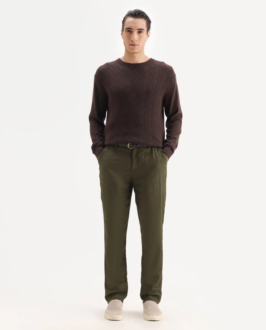 Rare Rabbit Men's Arcelo Olive 100% Linen Plain Regular Fit Trouser