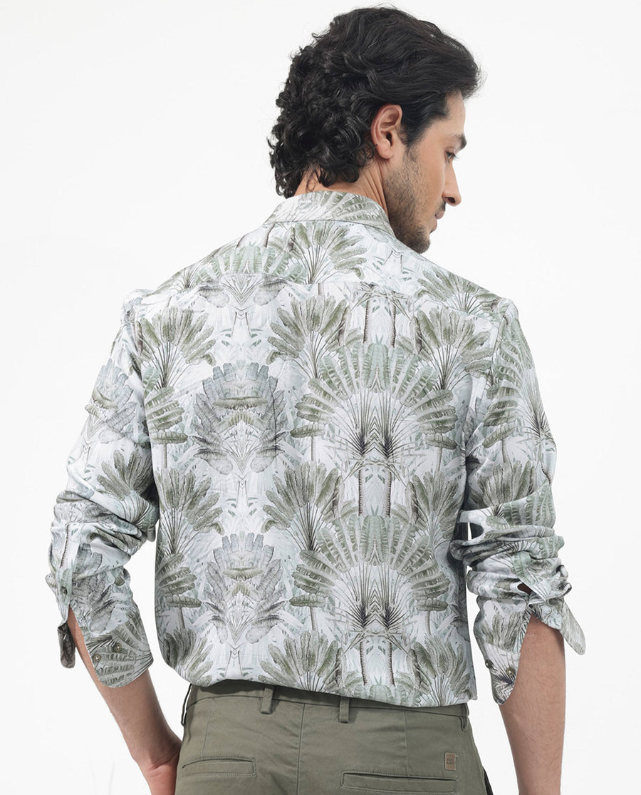 Rare Rabbit Men's Areca Light Green Viscose Tropical Print Regular Fit Full Sleeve Collared Shirt