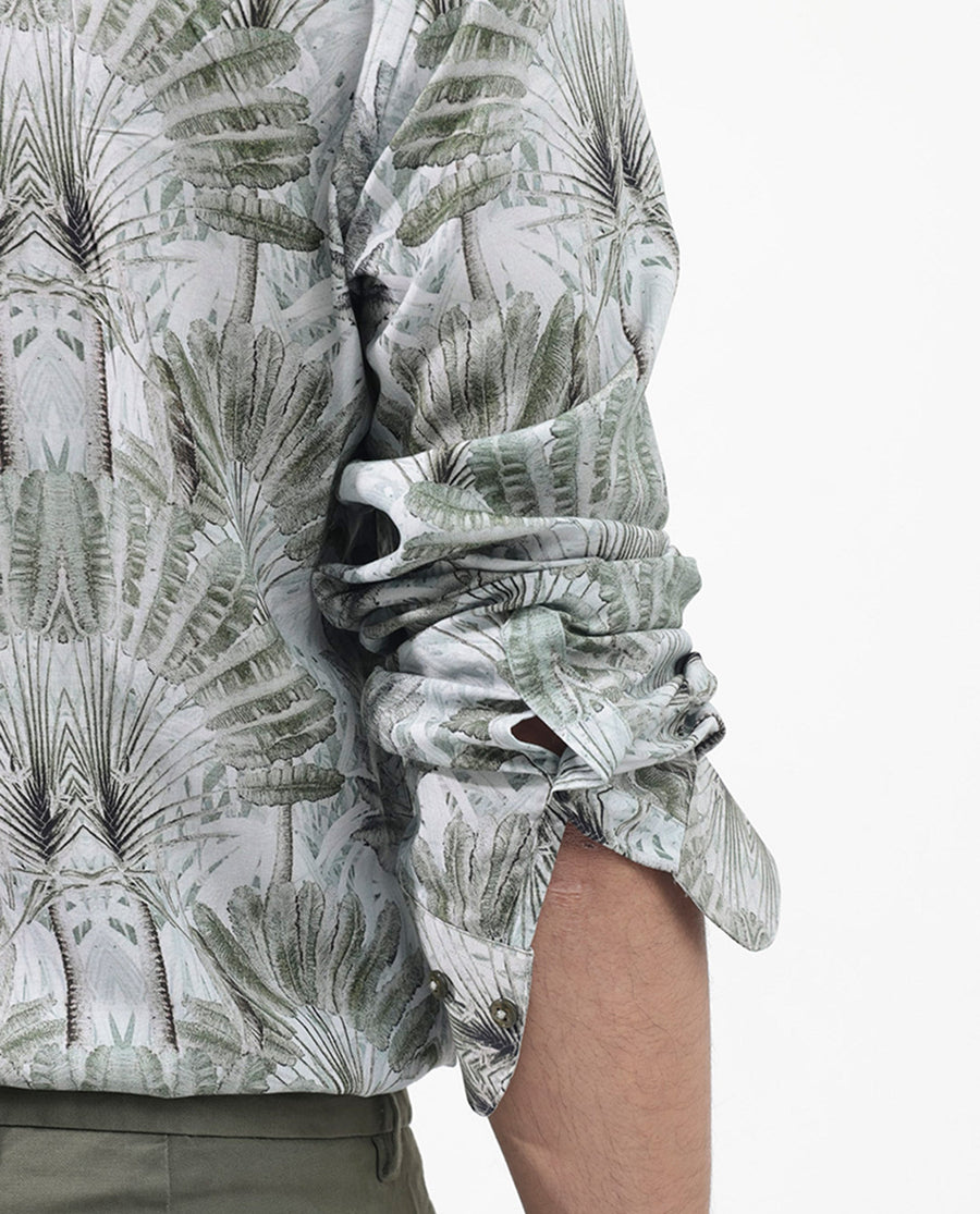 Rare Rabbit Men's Areca Light Green Viscose Tropical Print Regular Fit Full Sleeve Collared Shirt
