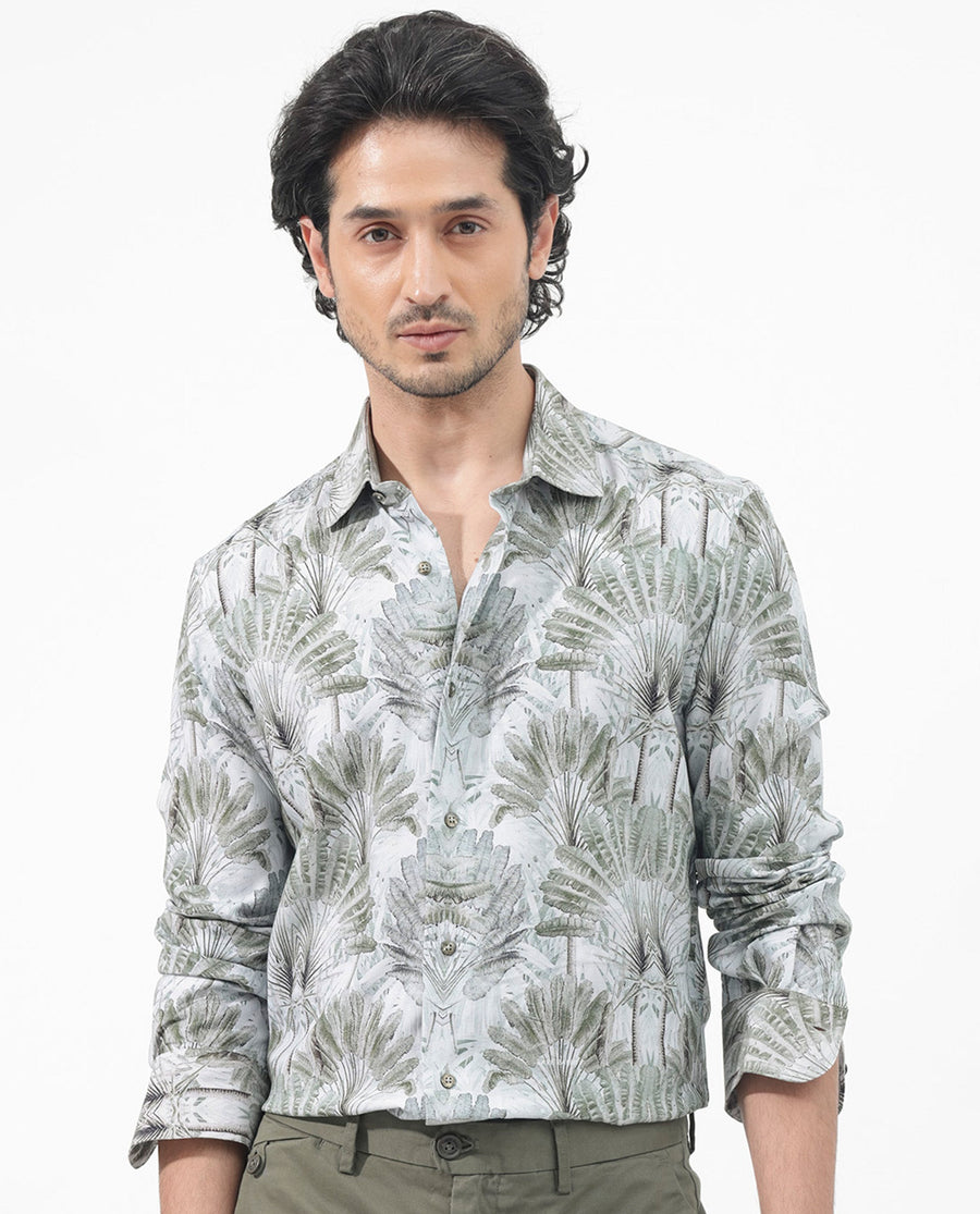 Rare Rabbit Men's Areca Light Green Viscose Tropical Print Regular Fit Full Sleeve Collared Shirt