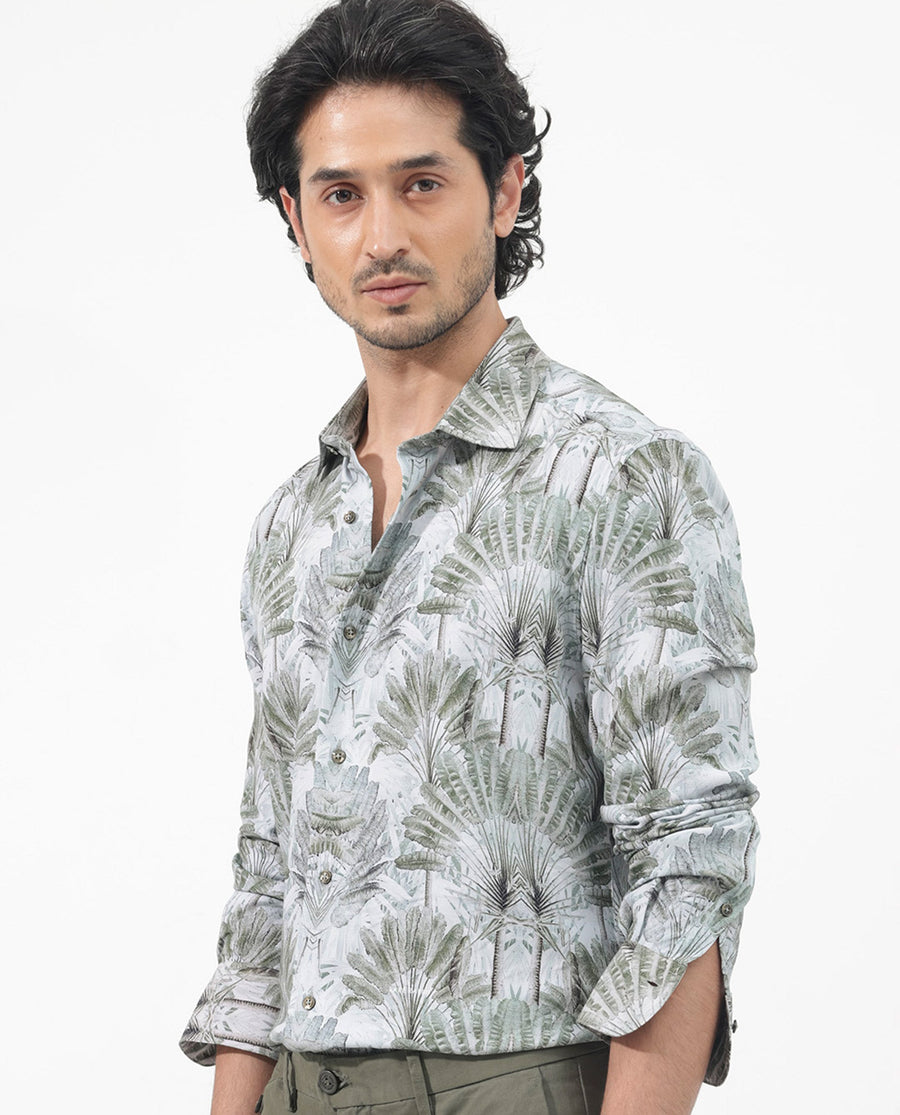Rare Rabbit Men's Areca Light Green Viscose Tropical Print Regular Fit Full Sleeve Collared Shirt