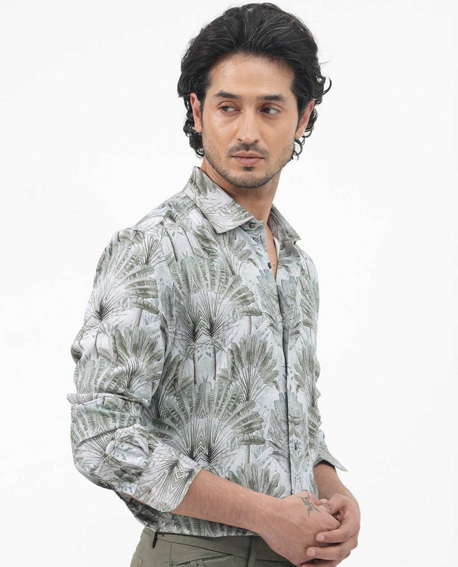 Rare Rabbit Men's Areca Light Green Viscose Tropical Print Regular Fit Full Sleeve Collared Shirt