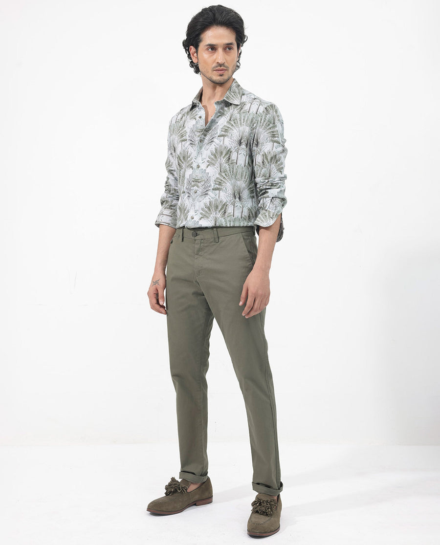 Rare Rabbit Men's Areca Light Green Viscose Tropical Print Regular Fit Full Sleeve Collared Shirt