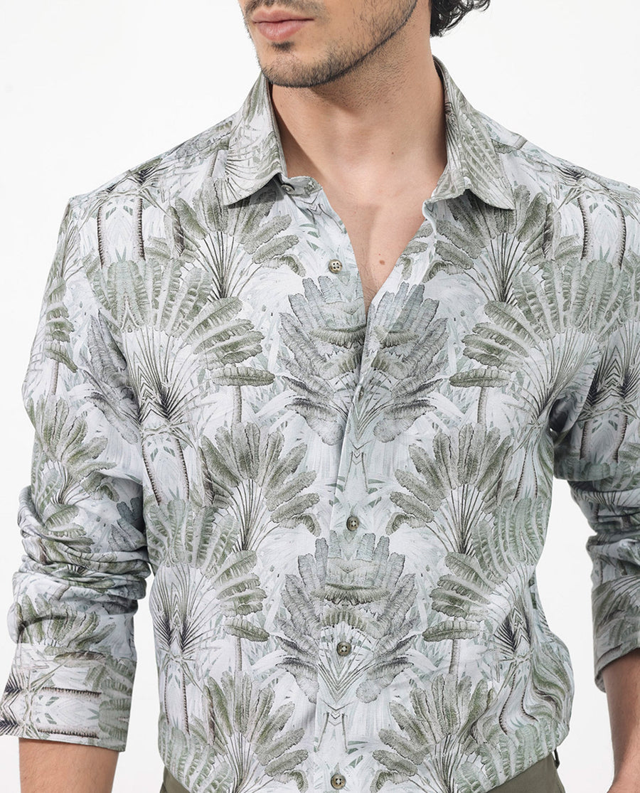 Rare Rabbit Men's Areca Light Green Viscose Tropical Print Regular Fit Full Sleeve Collared Shirt