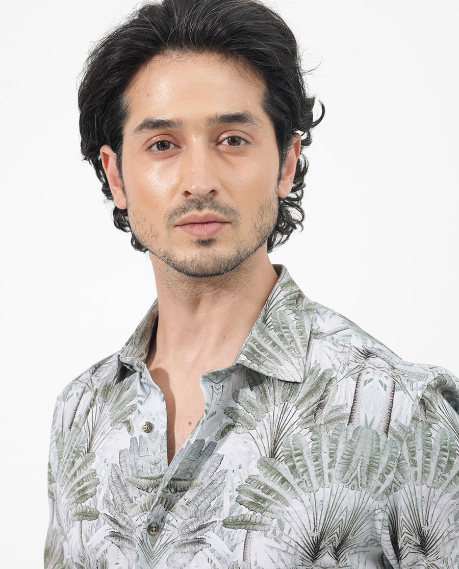 Rare Rabbit Men's Areca Light Green Viscose Tropical Print Regular Fit Full Sleeve Collared Shirt