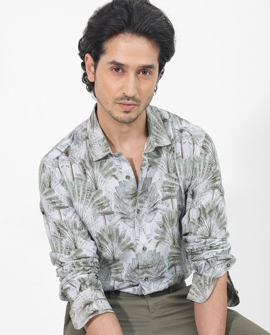 Rare Rabbit Men's Areca Light Green Viscose Tropical Print Regular Fit Full Sleeve Collared Shirt